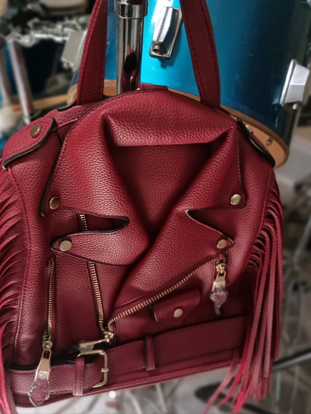 Fringed Faux Leather Moto Tote Bag in Red